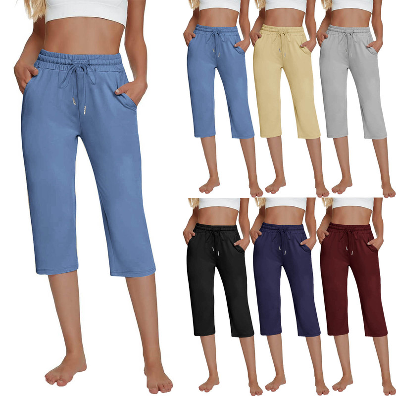 European and American Solid Color Simple Loose Pocket Sweatpants Casual Pants Cropped Pants