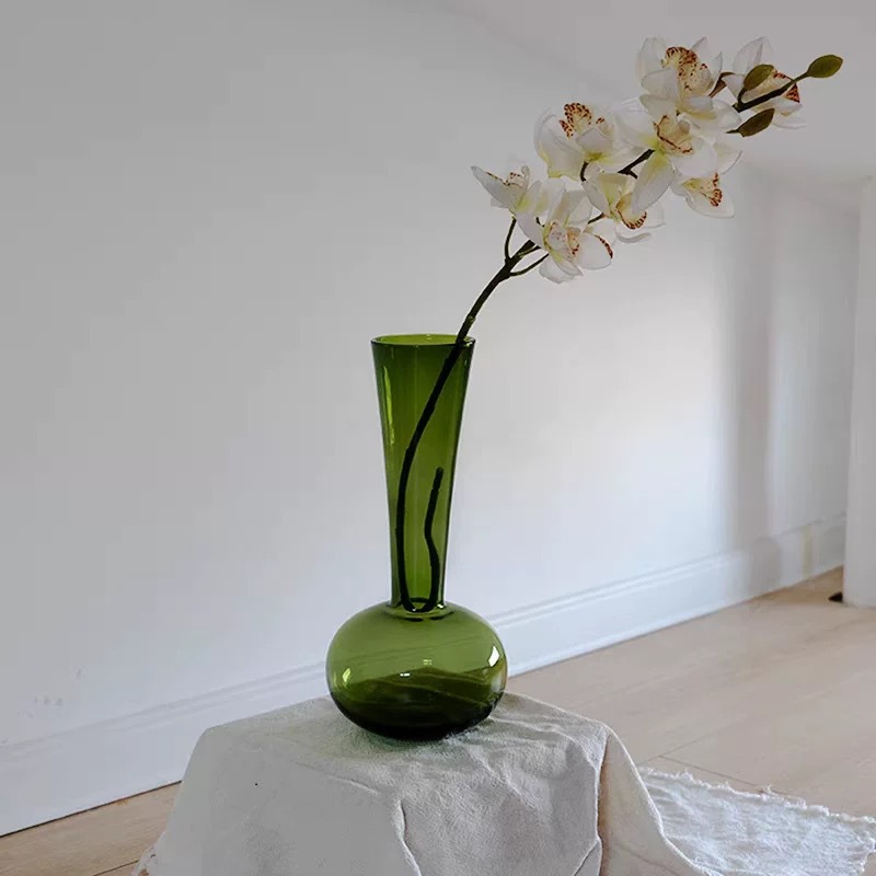 Jarrón de cristal vintage verde oliva y rojo, adorno de cristal creativo de estilo francés para arreglos florales de mesa de salón, arte floral de estilo retro.