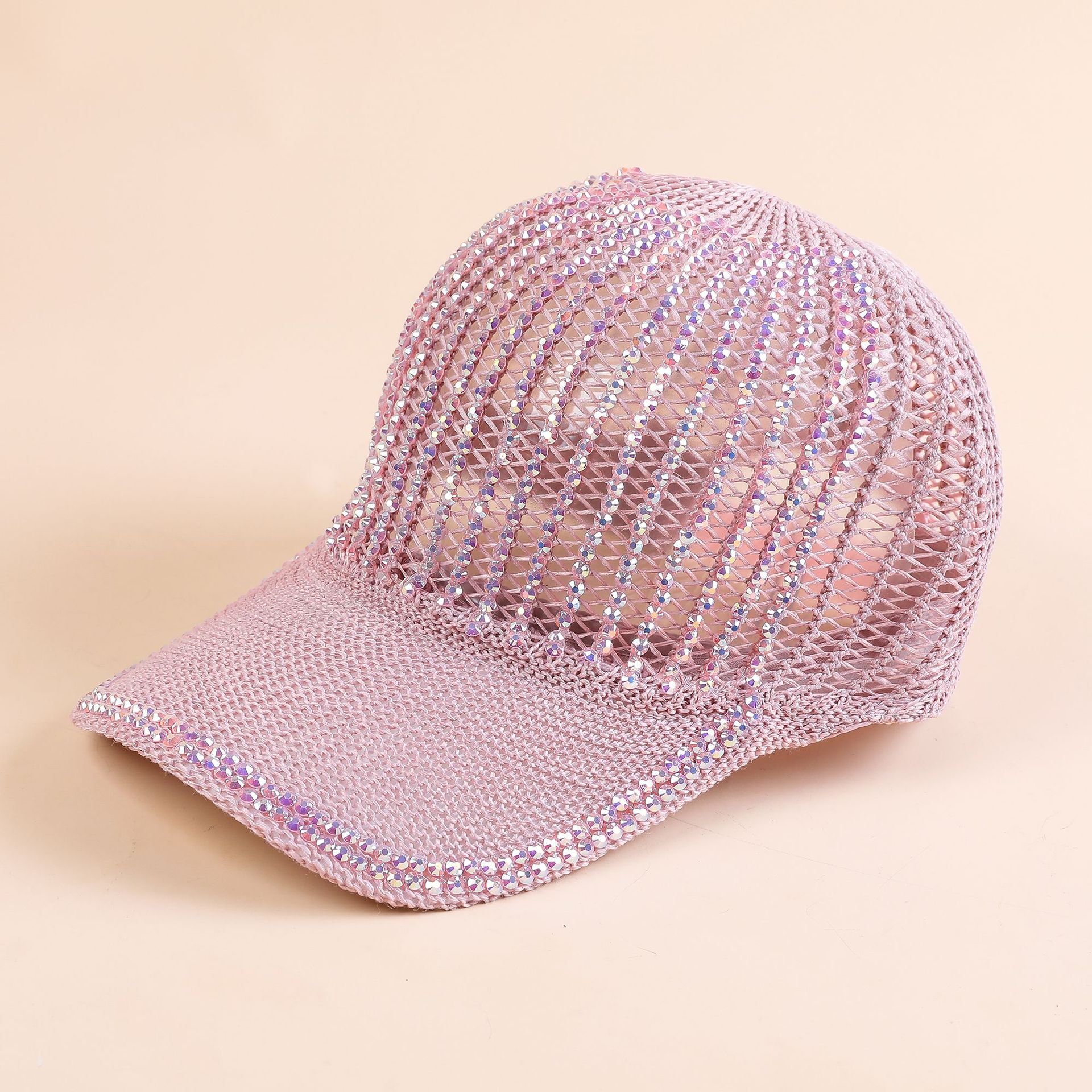 Sombrero de verano de las mujeres rhinestone hecho a mano de punto hueco casquillo de pico de moda coreana nuevo rhinestone sombrilla gorra de béisbol