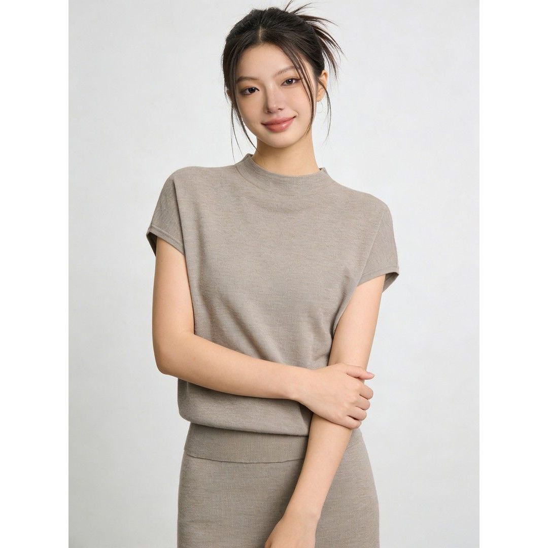 Versatile Half-Turtleneck Soft Knit T-Shirt for Women, New 26-Style Summer Simple and Elegant Solid Color Short-Sleeve T-Shirt Top, Thin