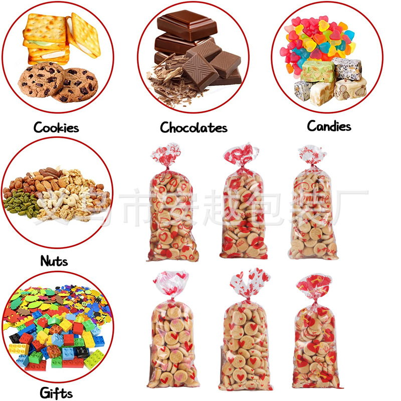 Nueva bolsa de embalaje de dulces de San Valentín múltiples imágenes de amor OPP boca plana Día de San Valentín celofán bolsa de regalo de dulces