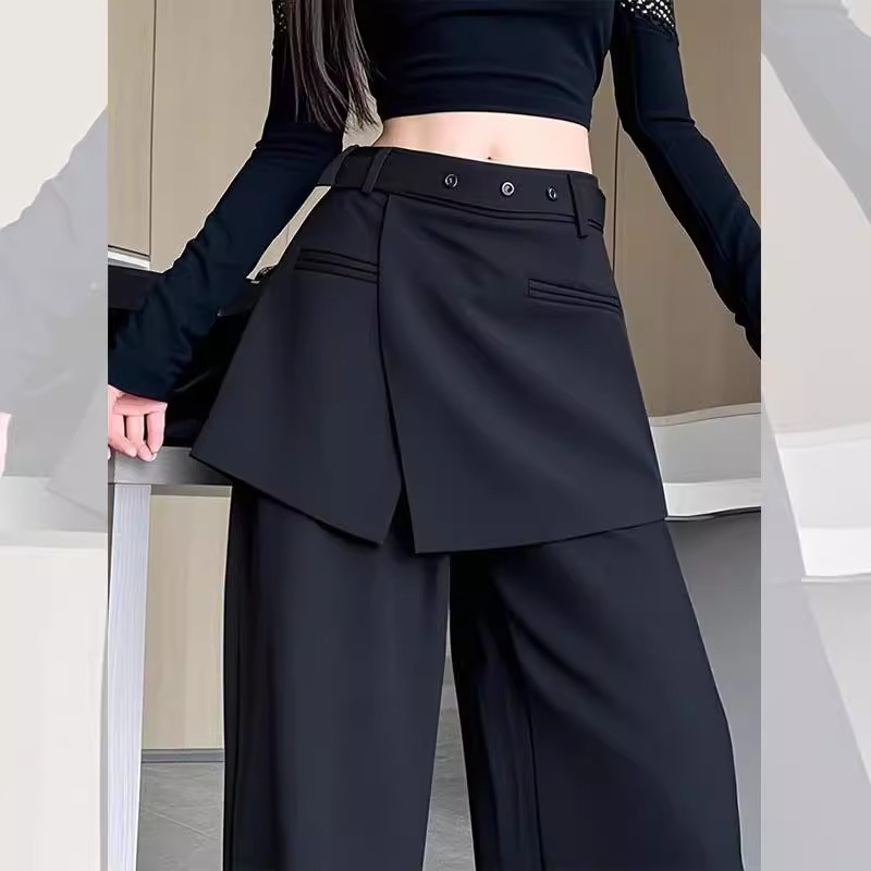 黑色假两件屁帘西装阔腿裙裤女2025春新款高腰垂感直筒拖地长裤潮|undefined