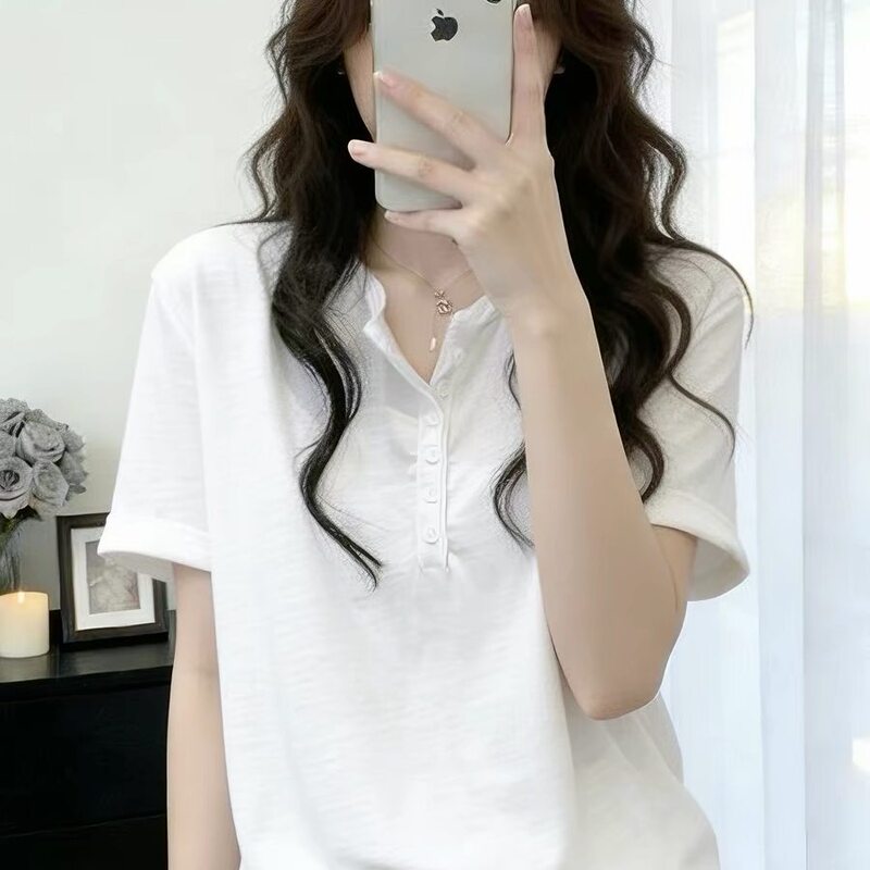 Plus-Size White Stylish Henley Collar Short-Sleeve T-Shirt for Women, Summer Style for Slightly Plump Figures, Relaxed Fit, Slimming Top Plus-Size White Stylish Henley Collar Short-Sleeve T-Shirt for Women, Summer Style for Slightly Plump Figures, Relaxed Fit, Slimming Top