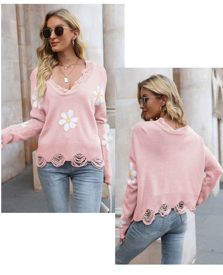 ripped long-sleeved loose small flower V-neck pullover sweater nihaostyles clothing wholesale NSYH82741