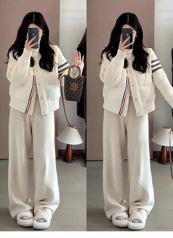 小个子穿搭针织拼接羽绒棉服女短款TB冬季休闲外套女立领棉衣加厚|undefined