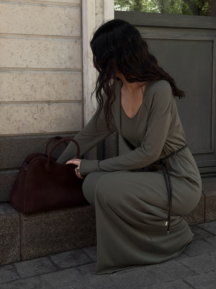 Bộ đầm dài kèm áo cardigan dệt kim dài tay nữ — Màu cà phê đậm, Màu hồng, Màu trắng, Màu xám chi tiết 73