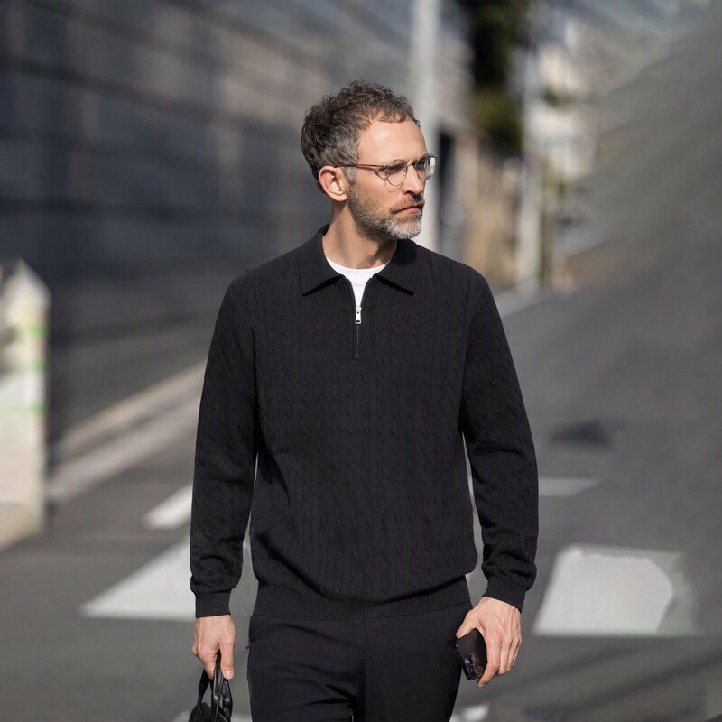 Lyocell [with cashmere] old money style cable knit sweater for men, autumn and winter half-zip long-sleeve knitted Polo shirt