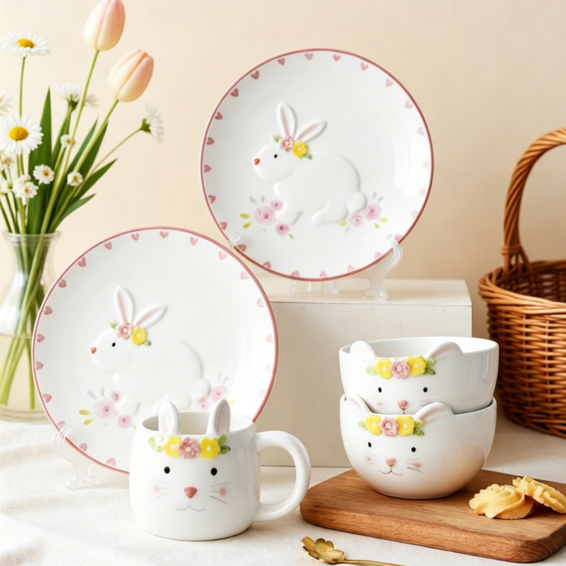 Easter Floral Rabbit Bowl and Plate Set for Home Use, Cute and Fresh Ceramic Bowl and Plate Combination, Nordic Tableware Set