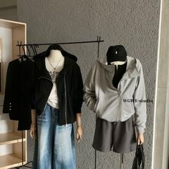 WGWE2025秋冬新款美式时髦百搭显瘦斜拉链连帽卫衣短外套女W7442