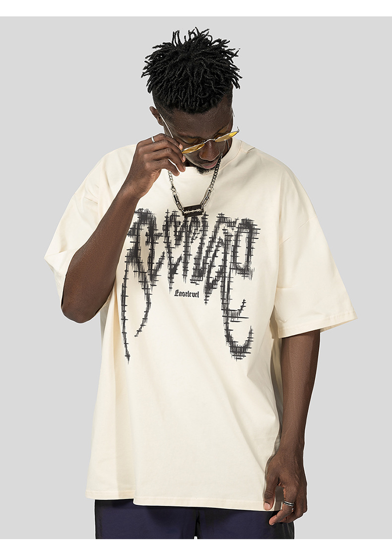 Camiseta masculina de algodão solto com estampa de letras da moda de rua americana, manga curta, camiseta de casal hip hop da marca da moda_voghion.com