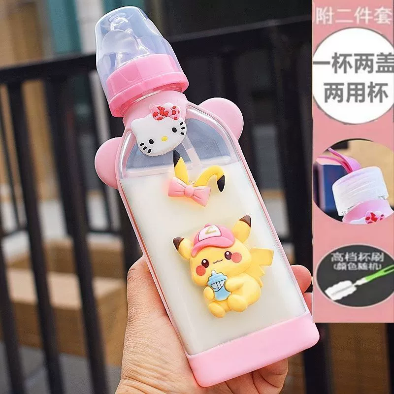 Cute feeding bottle for friend with glass for students, handheld straw, pacifier