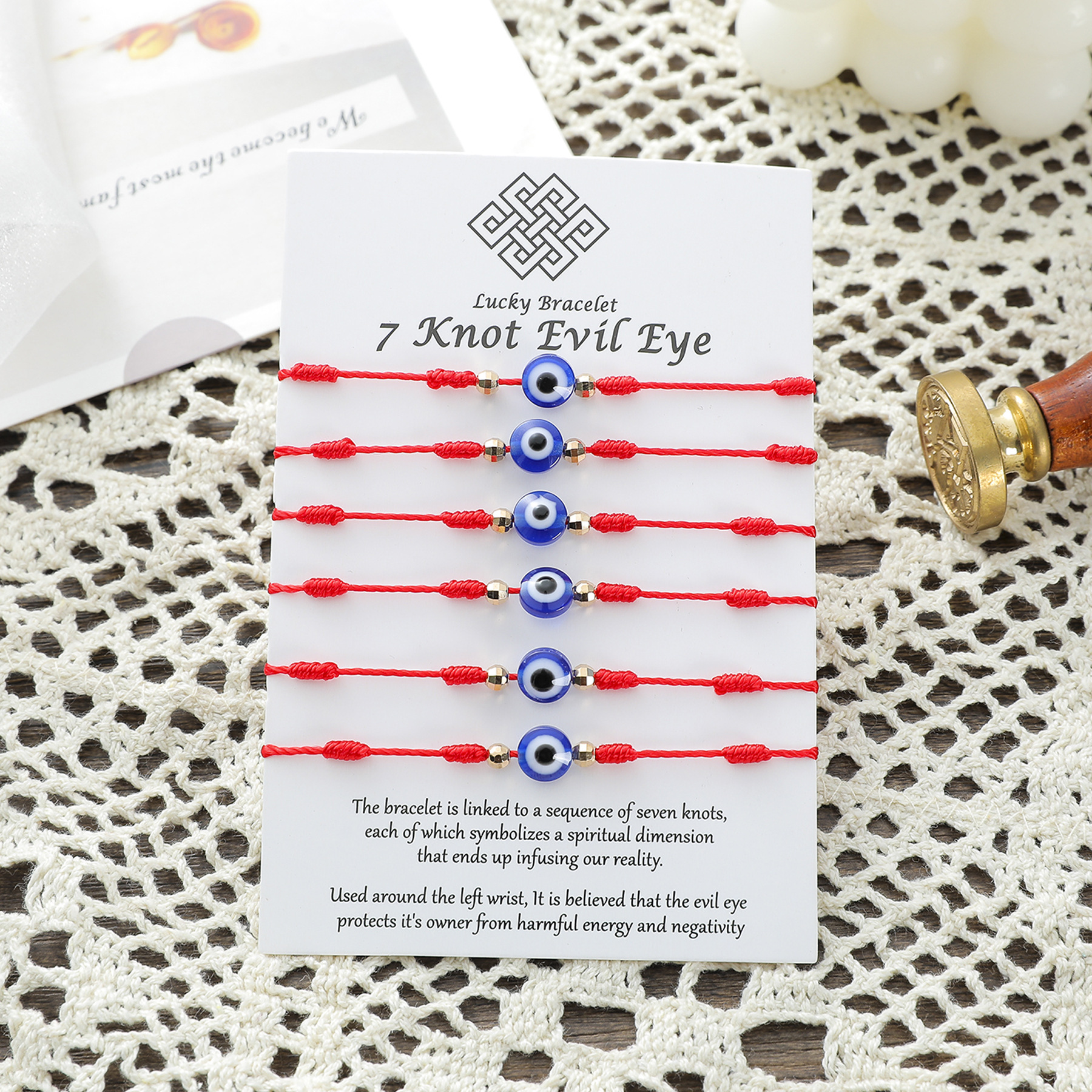 Nueva Pulsera De Ojo De Demonio Con 7 Nudos, Juego De 6 Piezas De Pulsera Trenzada Con Tarjeta Roja De La Suerte display picture 2