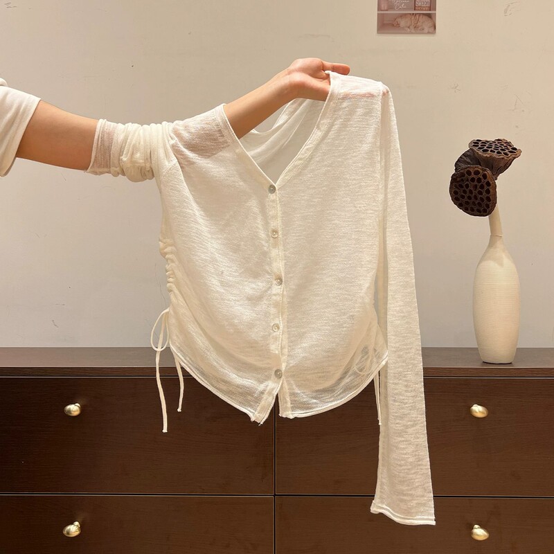 Women's Sun-Protective Knit Cardigan 2026 Summer Light Blue V-Neck Long Sleeve Drawstring Loose Thin Breathable Korean Style Outerwear Women's Sun-Protective Knit Cardigan 2026 Summer Light Blue V-Neck Long Sleeve Drawstring Loose Thin Breathable Korean Style Outerwear