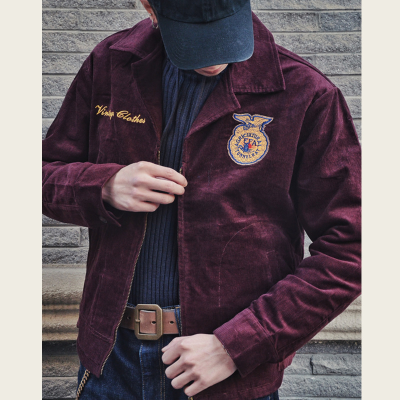 Ffa American Retro Workwear Long-Sleeve Agricultural Association Jacket for Young Men High-End Trendy Embroidered Corduroy
