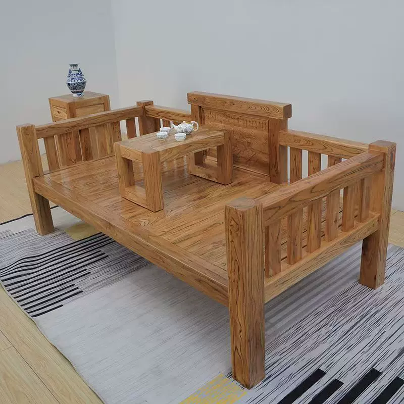 新中式老榆木罗汉床北方古典实木禅意床榻民宿酒店茶楼仿古贵妃床