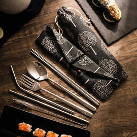 304不锈钢勺子筷子吸管叉布袋便携餐具日式户外跨境餐具组合套装