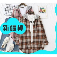 春夏格子シャツ女子学生レトロゆるい港味insフード付き日焼け止めコート綿質潮は新疆綿を含んでいる