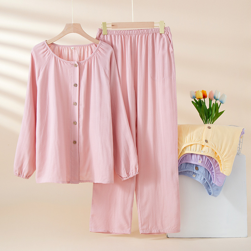 Bamboo Fiber Round Neck Pajamas for Women Spring & Fall Thin Air-Conditioned Room Cotton Cardigan Long-Sleeved Pants Breathable Pure Color Home Wear Set