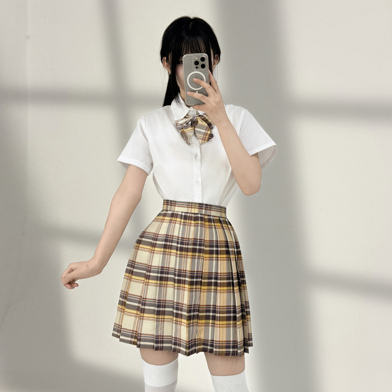 봄 밝은 노란색 카디건 짧은 소매 셔츠 주름 치마 JK 유니폼 스커트 세트 부드러운 왁스 같은 느슨한 JK 외부 스웨터