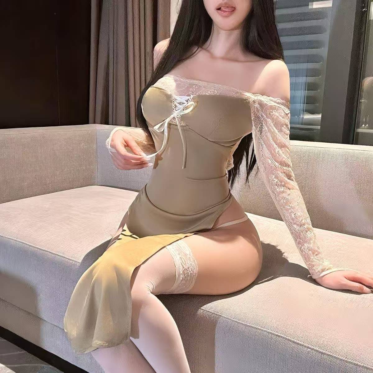 Purely Erotic Tube Top Backless Lingerie Dress with White Connectors Stockings, Apricot-Card Color, One Size — detail image 5