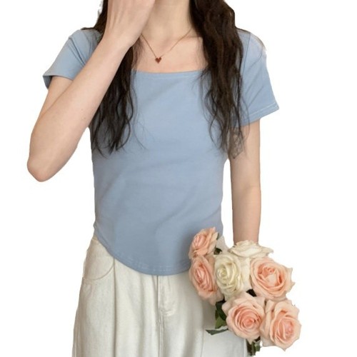 New South Korean Version Short Sleeve Square Collar T-shirt for Women, South Korean Version Slim Design, Unique Bottom Shirt Top