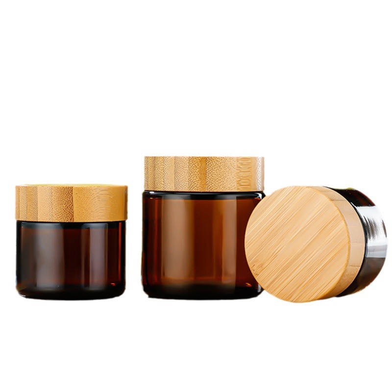Botella de crema de vidrio té cubierta de madera en stock, botella de crema de ojos protector, muestra portátil, embalaje de botella vacía