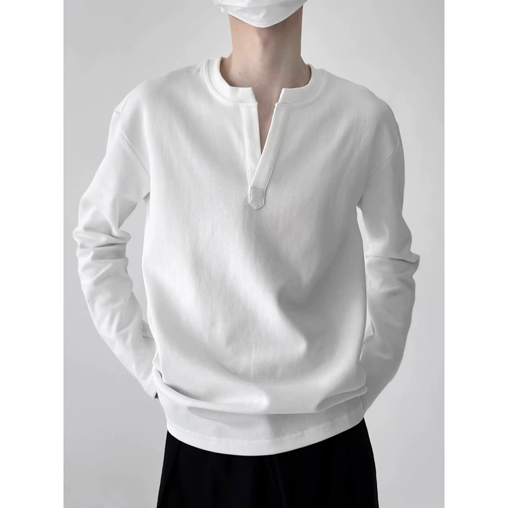 Американская минималистская футболка с V-образным вырезом сплошной цвет высокого качества с длинными рукавами весной и осенью свободный Генри воротник ретро ленивый нижний рубашка мужской