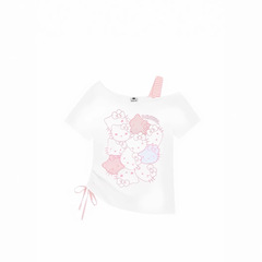 ニッチかわいいキティ猫プリントリボンオフショルダー半袖Tシャツレディーススリムオフショルダー不規則トップ