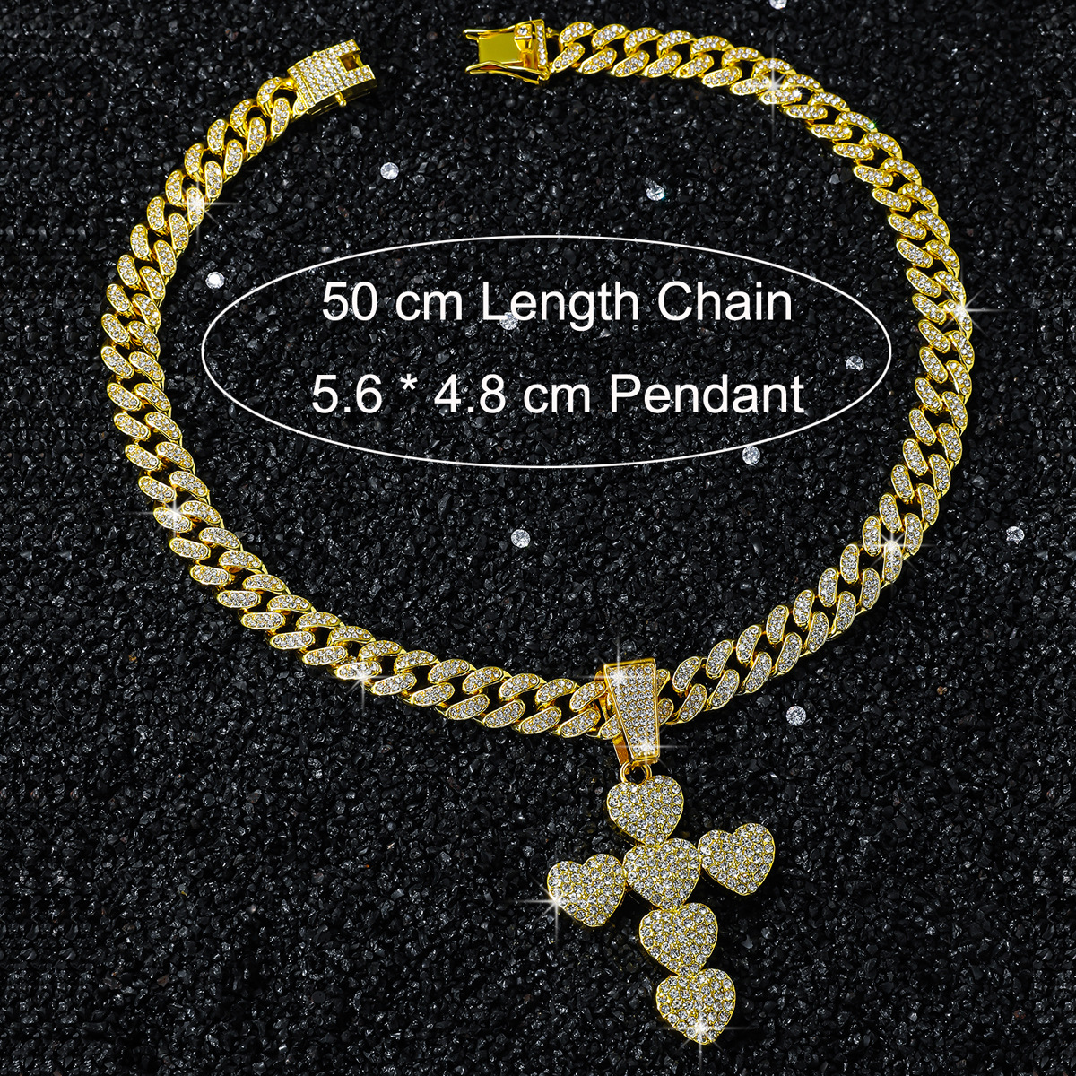 Zinc alloy Material Cross, Heart Shape Pattern Men's Gender Plating Design New Personalized Men's Full Diamond Chain Hip Hop Style Heart-Shaped Cross Pendant Necklace