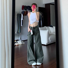 美式复古军绿色工装牛仔裤女夏季高腰显瘦设计感直筒阔腿拖地裤子