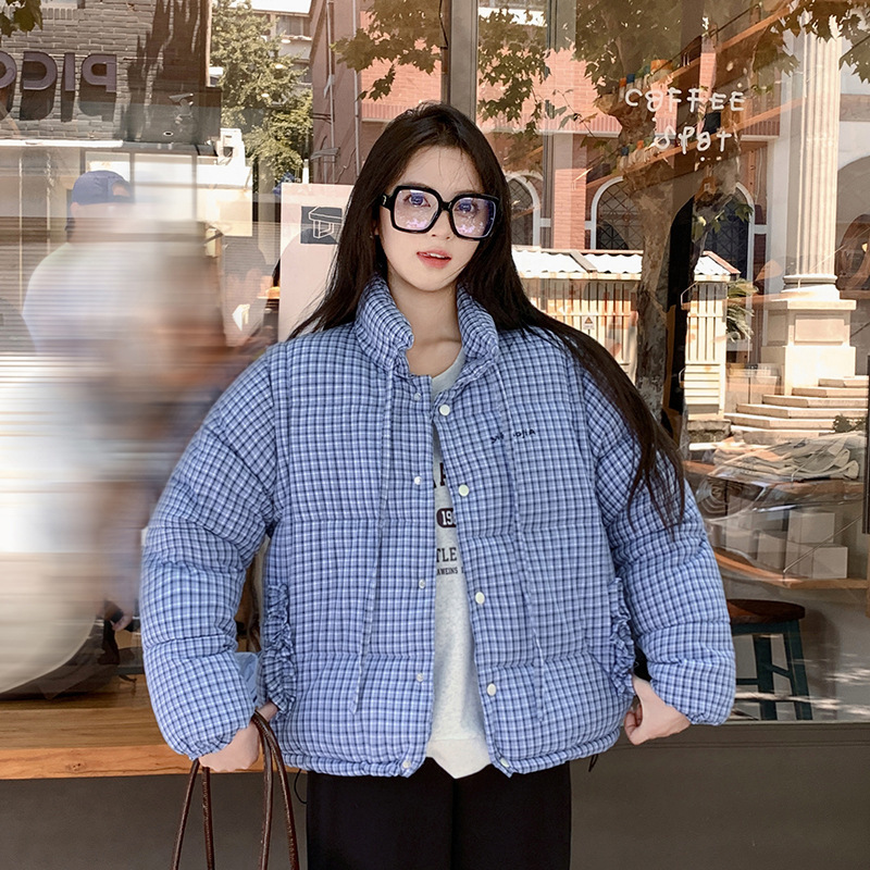 蓝色立领格子羽绒棉衣棉服女冬季2025新款加厚保暖小个子短款外套|undefined