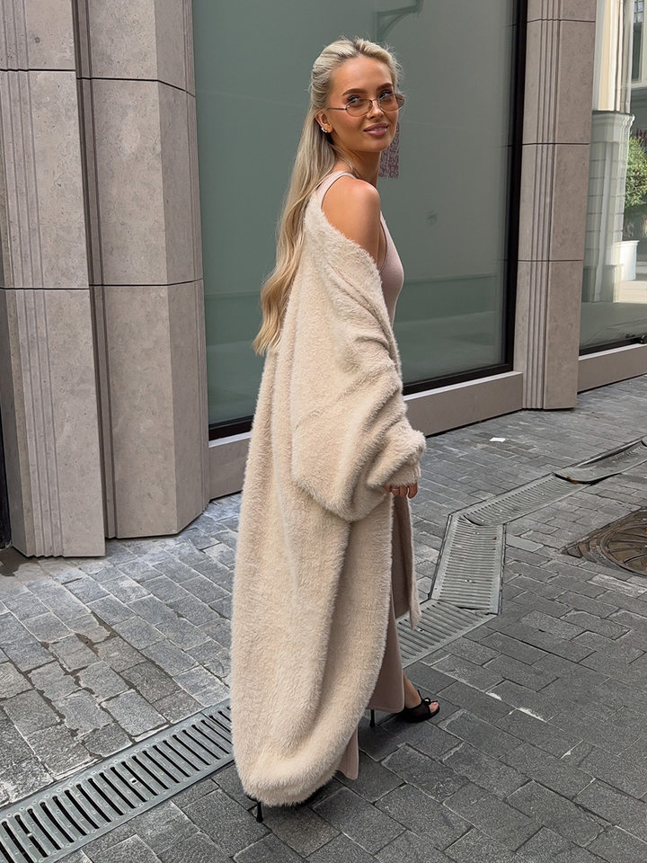 Áo cardigan len lông mềm dáng dài rộng cổ chữ V tay dài — hồng, màu xám, quần kaki chi tiết 54