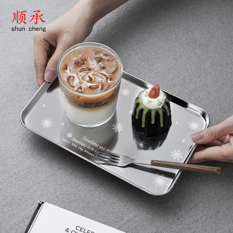 Stainless Steel Snowflake Bow Plate Dessert Square Cake Snack Plate Coffee Tray Nail Art Photo Prop Plate