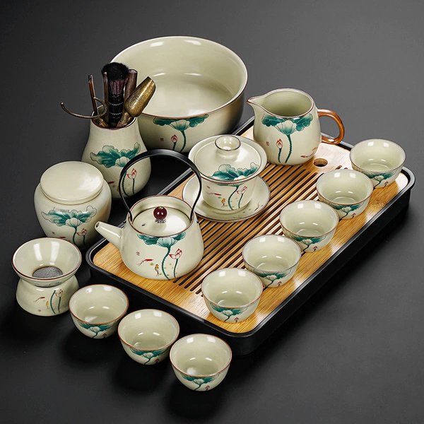 Ru Kiln Xingyun Lotus Leaf Liang Pot Lid Bowl Eight Cups of Tea Ceremony Tea Bar was washed 15 pieces+rectangular black tea tray