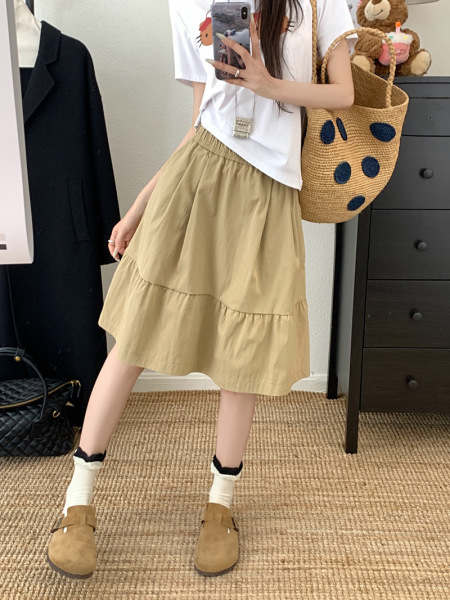 여름 여성을 위한 레트로 카키 미우 미디 스커트, 여름 스타일, 레이지, 다재다능함, 루즈함, 슬리밍, 푹신한 스커트, A라인 우산 스커트