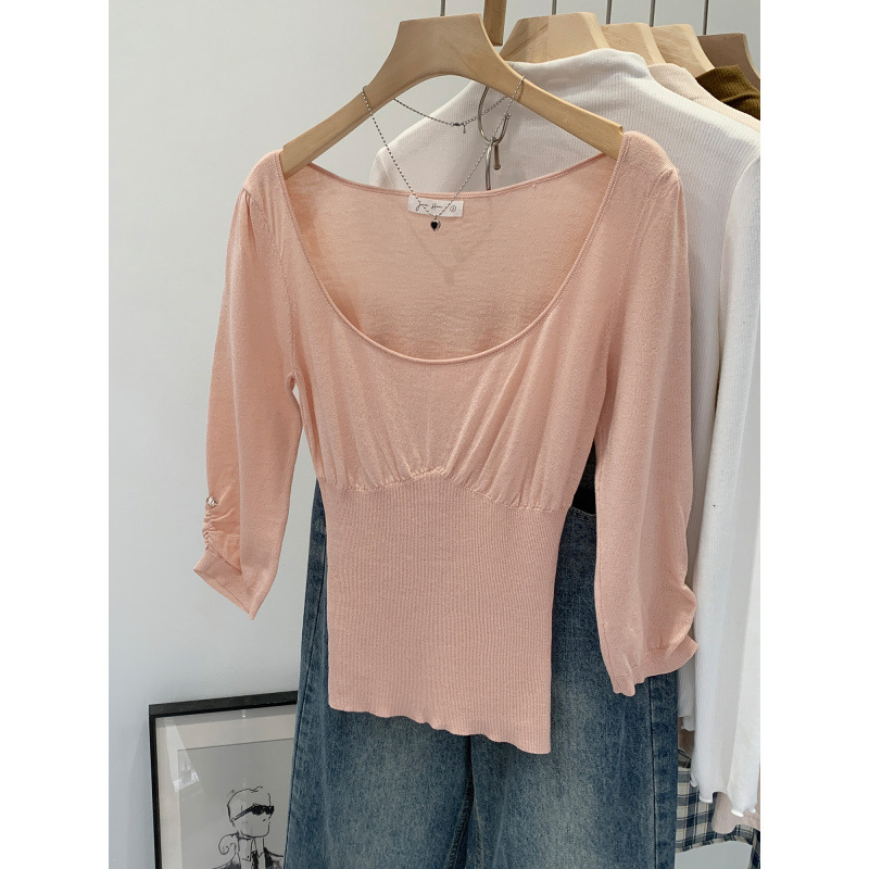 European Unique Pink U-Neck Wool Mid-Sleeve T-Shirt for Women 2025 Summer New Style Waist Slimming Look and Beautiful Top