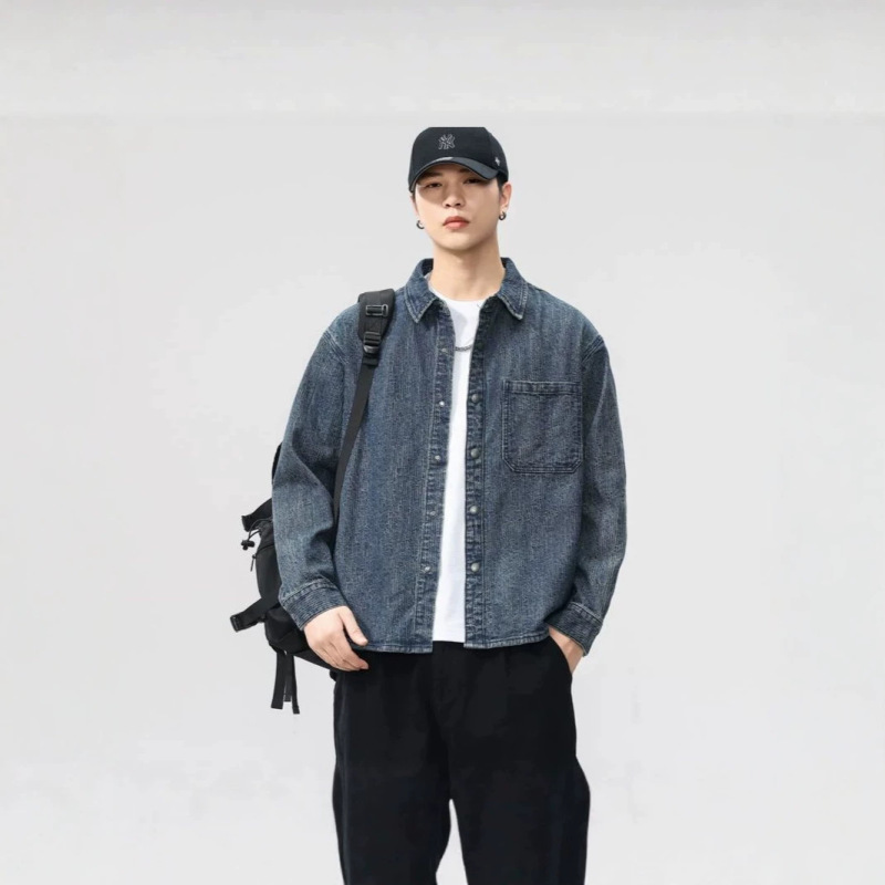Spring and Autumn Long-Sleeved Denim Shirt for Men, Loose Retro Large Size Shirt, Men's Trendy Casual Versatile Jacket, Trendy Spring and Autumn Spring and Autumn Long-Sleeved Denim Shirt for Men, Loose Retro Large Size Shirt, Men's Trendy Casual Versatile Jacket, Trendy Spring and Autumn