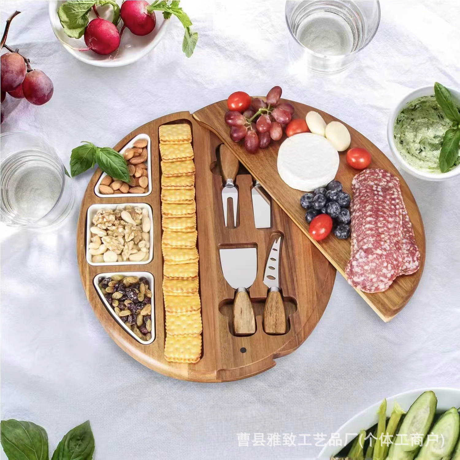 Трансграничная круглая деревянная разделочная доска Вращающийся послеобеденный чай закуски Фруктовая разделочная доска Западный ресторан приготовленный сыр разделочная доска