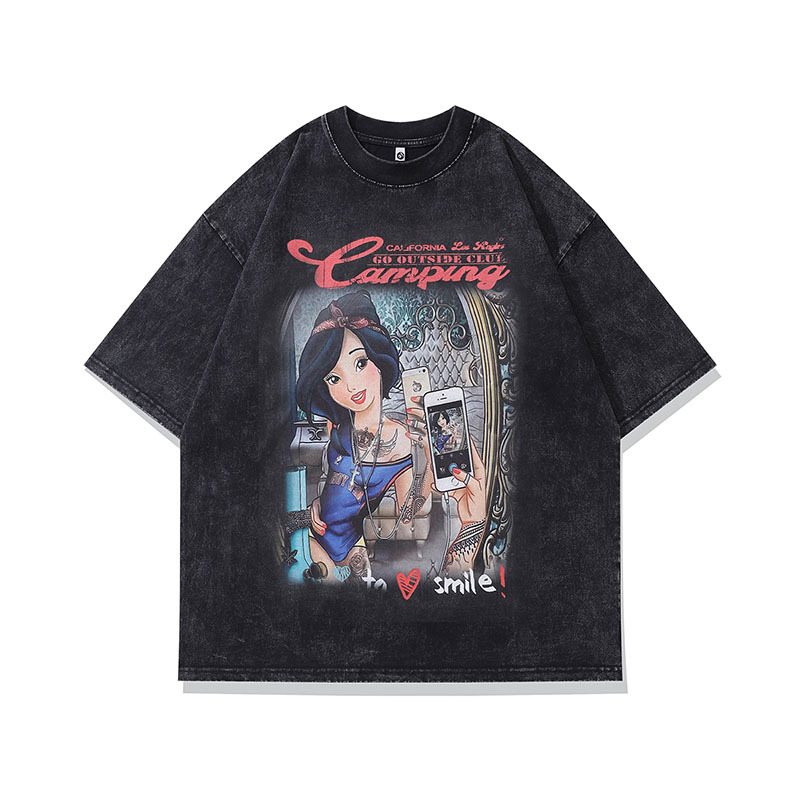 TKPA high street trend cartoon printed T-shirt American retro washing old loose casual short-sleeved T-shirt men and women trendy