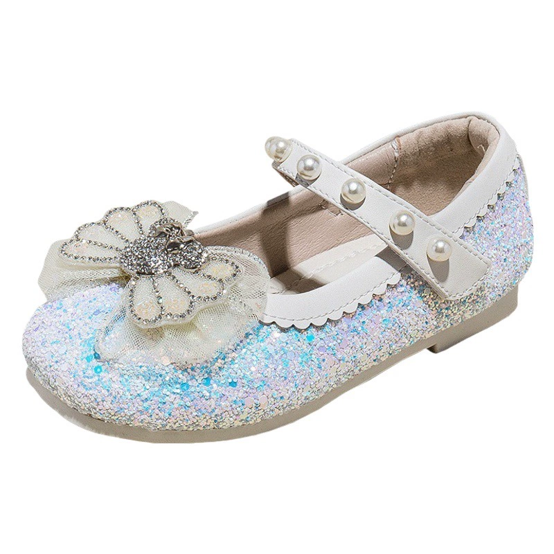 Обувь принцессы Disney Girls 2023 Новая весенне-Осенняя обувь для активного отдыха Туфли Эльзы с бантом и жемчугом