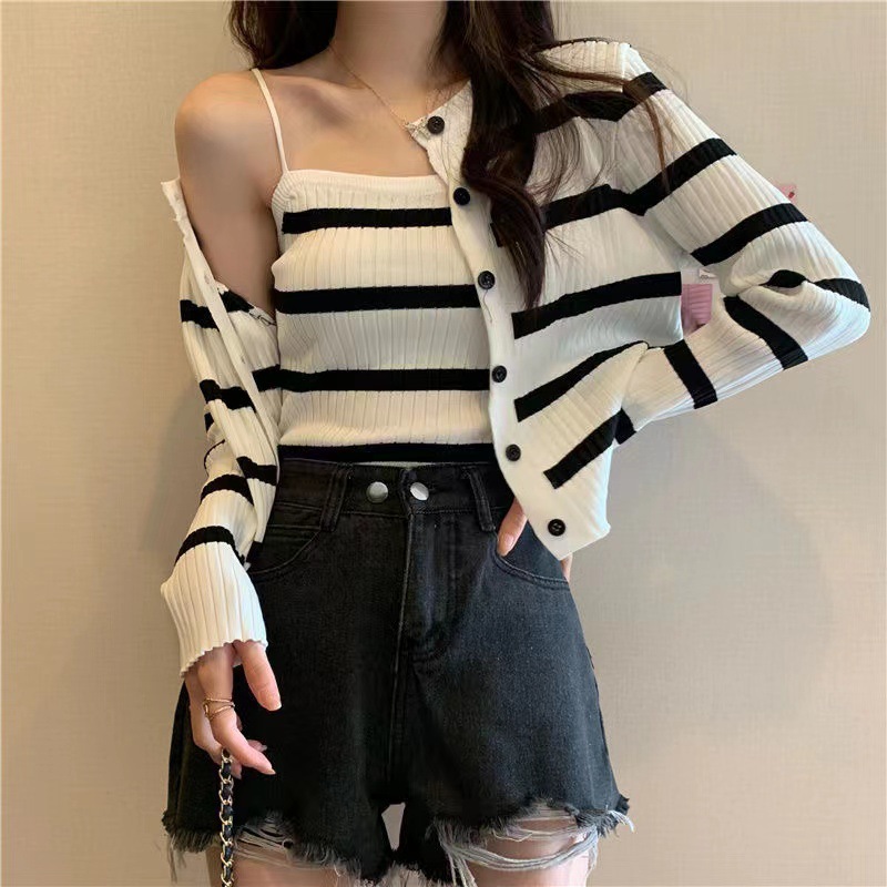 81g Weight Long Sleeve Sleeve Length Single Breasted Placket Type Ice Silk, Polyester Fabric Type Short Top Length Knitwear Tops Type Daily Occasion Round Neck Neckline Slim Fit Type Stripe Pattern Spring, Autumn Season Women's Gender Casual Style Wholesale Women's Ice Silk Polyester Casual Stripe Long Sleeve Sweaters & Cardigans 28