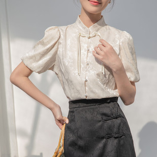 Ys8 Satin Jacquard Stand Collar Shirt for Women 2025 New Summer High-End New Chinoiserie Disc Button National Style Short Sleeves