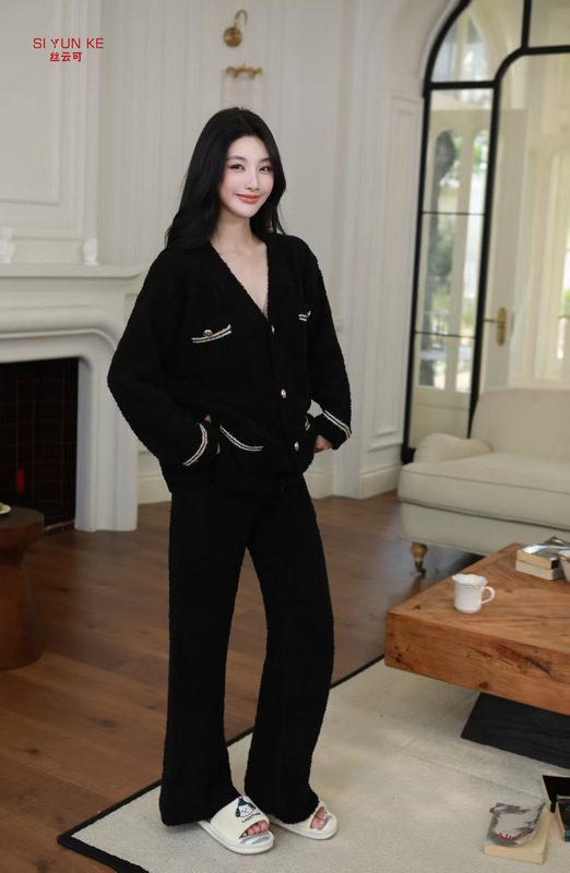 新款冬高级感轻奢睡衣女士高级感小香风加绒加厚半边绒保暖家居服|undefined