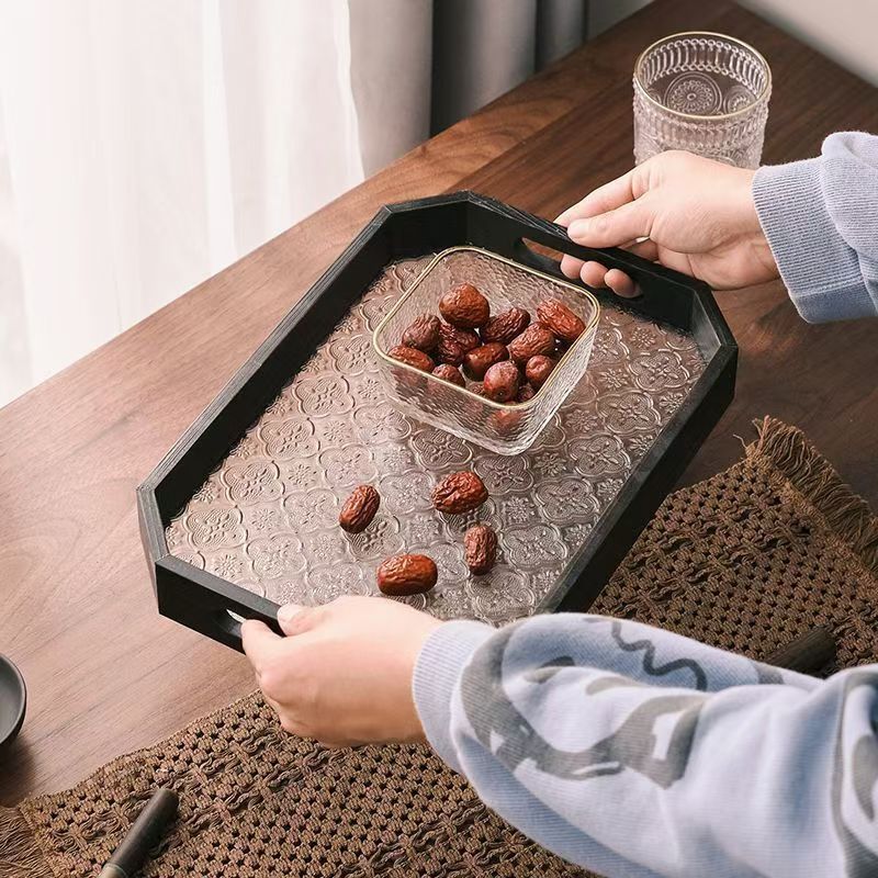 Luz de lujo retro bandeja octagonal sala de estar mesa de vidrio platos de taza de madera para el hogar bandeja de té