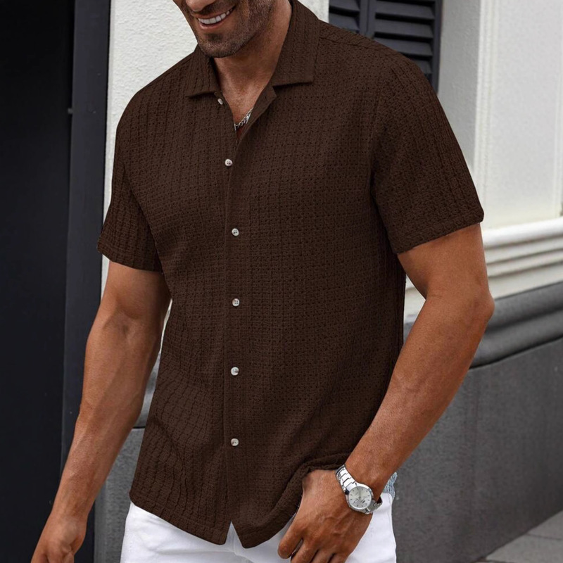 European and American Men's Casual Knitted Shirts Men's Summer New Solid Color Lapel Hollow Breathable Men's Short-Sleeved Tops