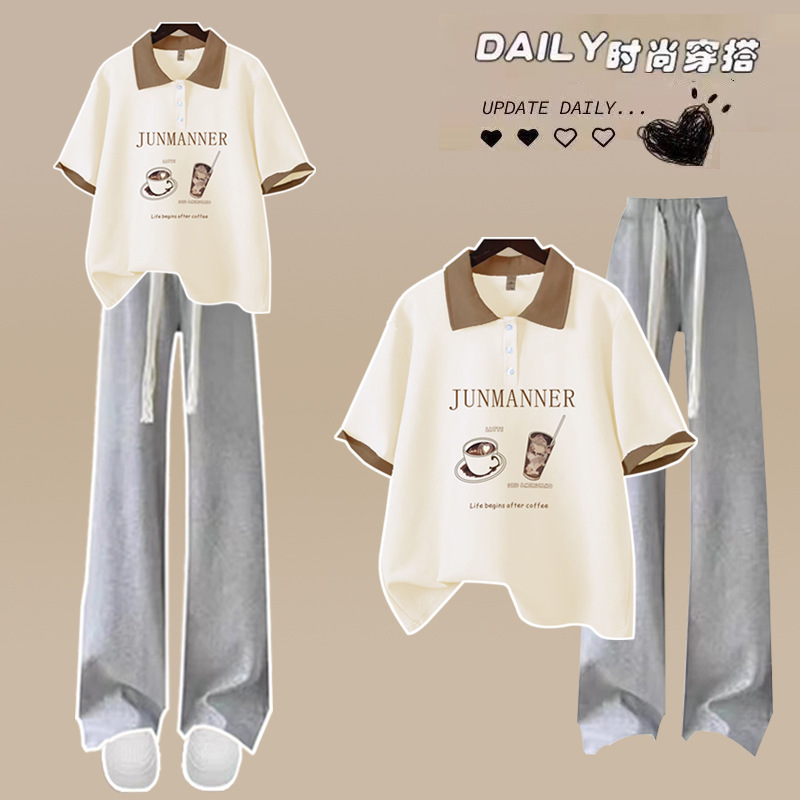 Junior High School Students' Polo Collar Short-Sleeved T-Shirt Suit, Summer Casual Sports Two-Piece Set, Girls' Fashionable Summer Clothes, Pure Cotton