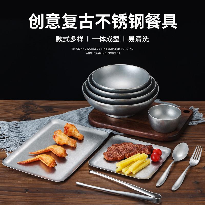 빈티지 스테인레스 스틸 라면 그릇 양동이 그릇 더블 레이어 밥그릇 오래된 수프 그릇 사각 접시 스낵 접시 캠핑 식기