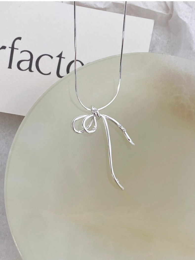 Silver Bow Knot Necklace Sterling Silver Pendant Chain British_voghion.com
