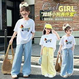 女童夏季套装2025新款中大童时尚韩版休闲卡通短袖格子休闲裤套装
