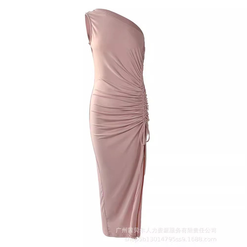 Women's Elegant Commuter List: Shoulder Pleated V-Neck Waist-Tightening Drawstring Party Dress – LZJ1703F Series